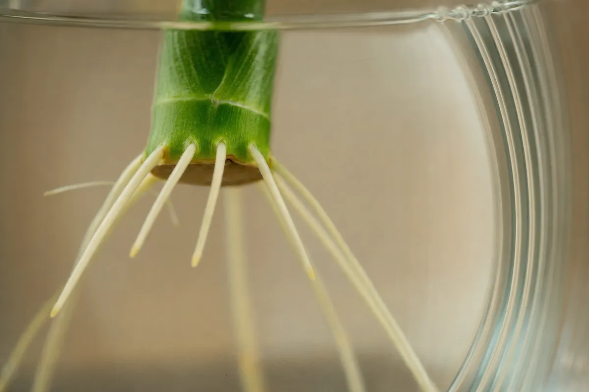 Close-up of white roots growing from a green stem into nutrient solution inside a glass container, showing the root-water interface