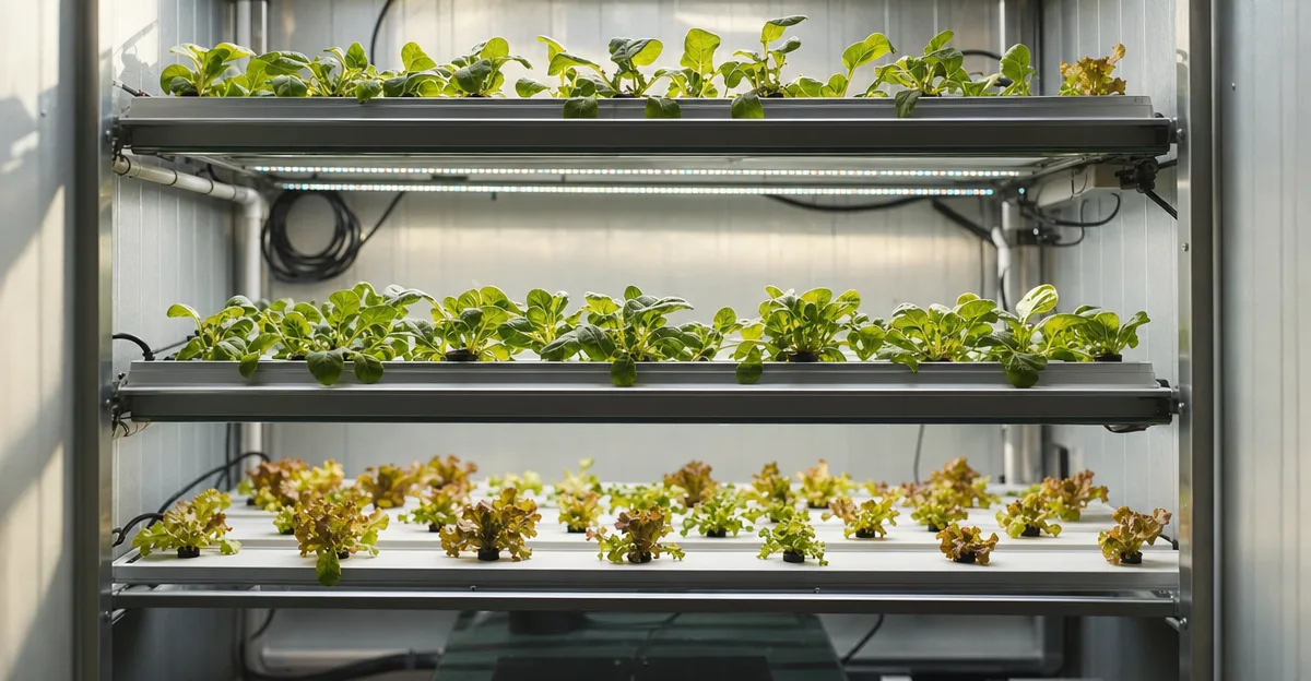 Hydroponic nutrient solution being mixed with a digital scale and measuring tools beside green lettuce plants