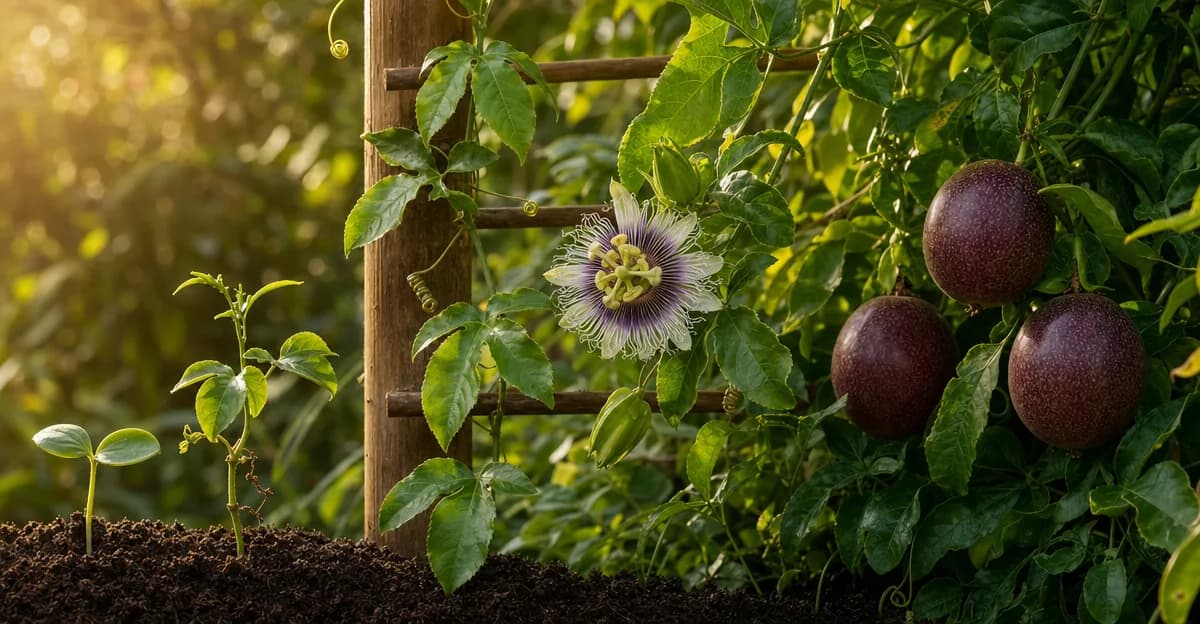 A passion fruit vine showing multiple growth stages side by side, from young seedling to flowering vine with ripe purple fruits