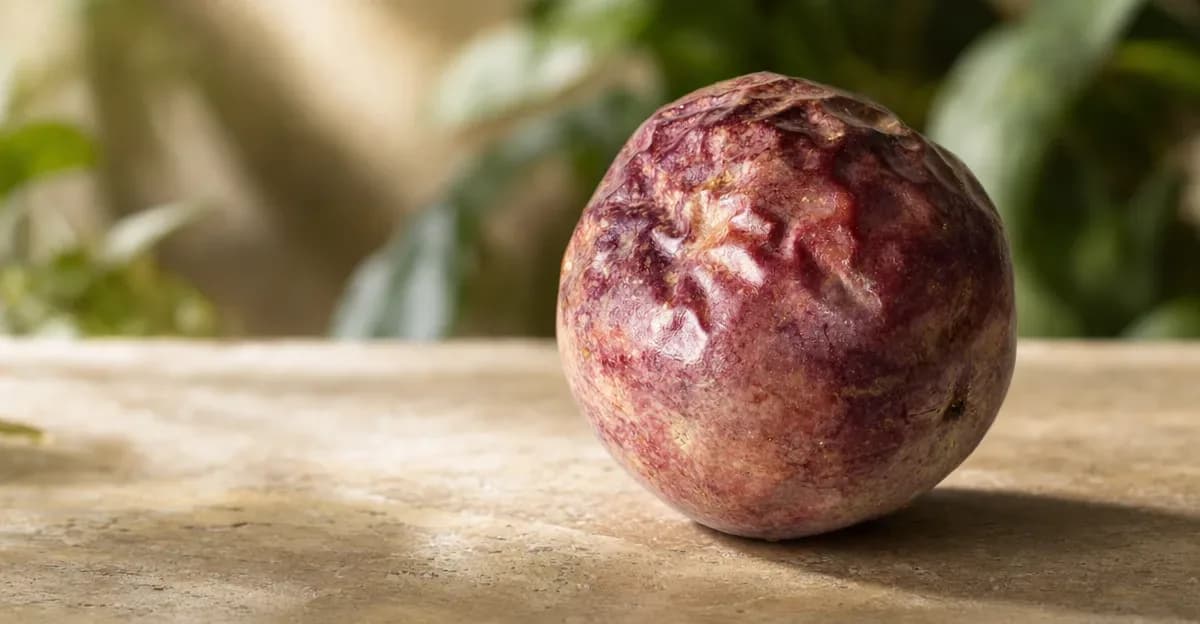Maracuyá morado maduro con la piel naturalmente arrugada bajo una suave luz de jardín