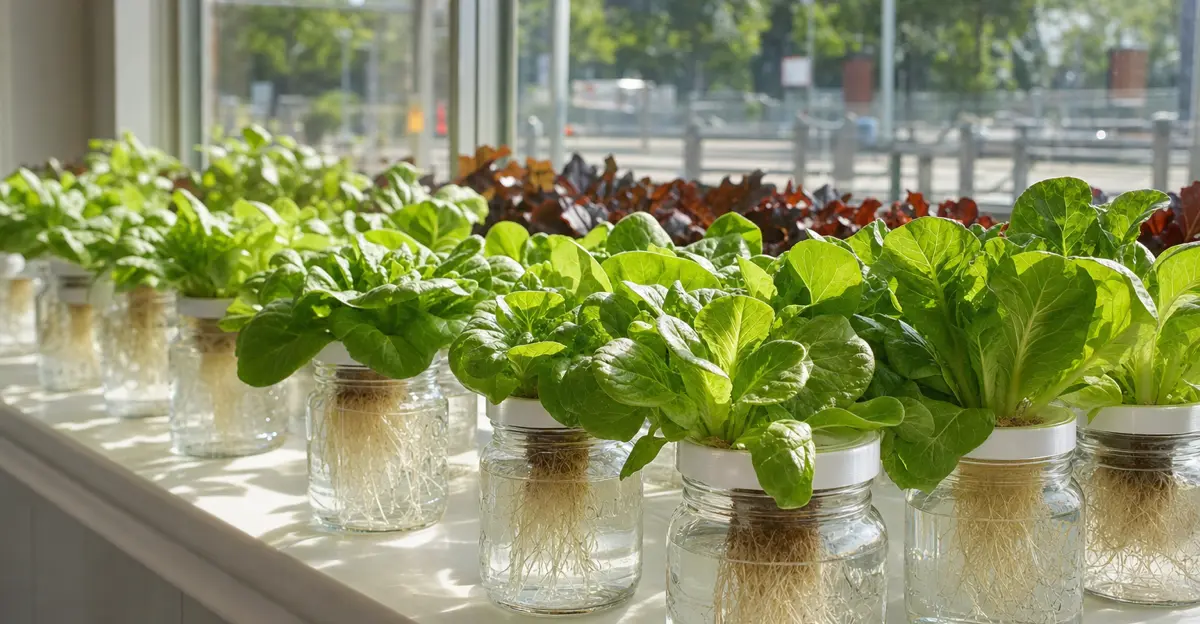 Drie passieve hydrocultuur-opstellingen naast elkaar — een Kratky Mason-pot, een lontsysteem en een semi-hydro container met LECA — allemaal met gezonde kruiden