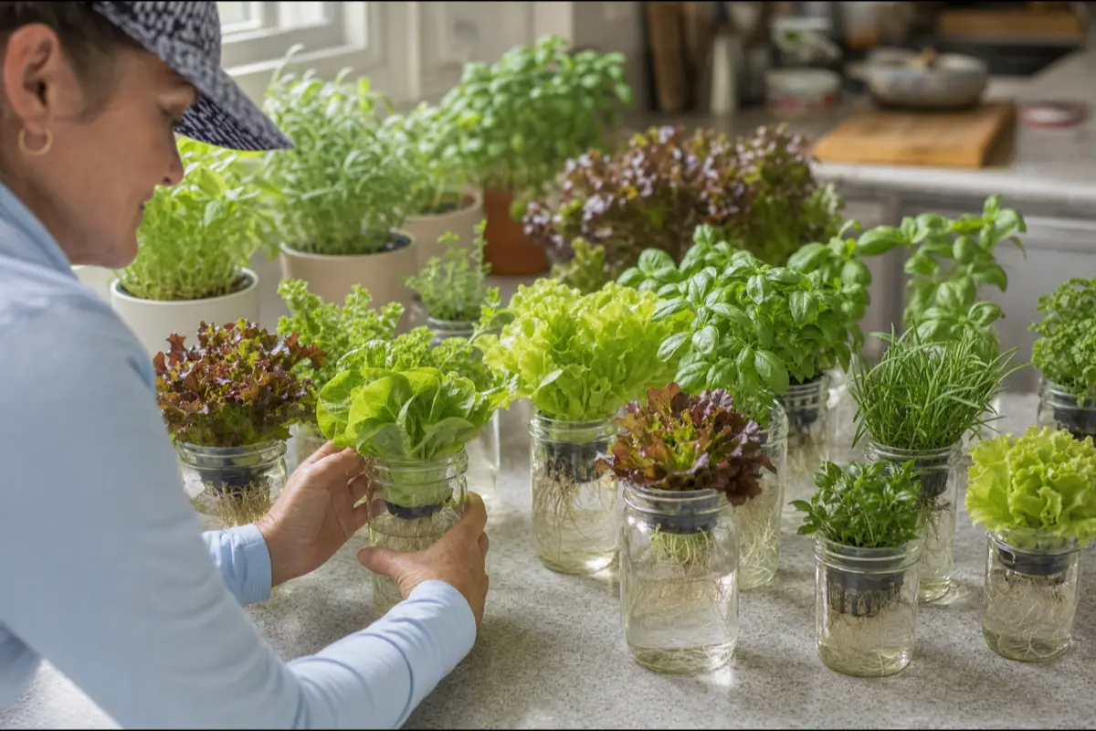 A person tending passive hydroponic mason jar setups on a kitchen counter, with lettuce, basil, and herbs at various growth stages, roots visible in nutrient solution