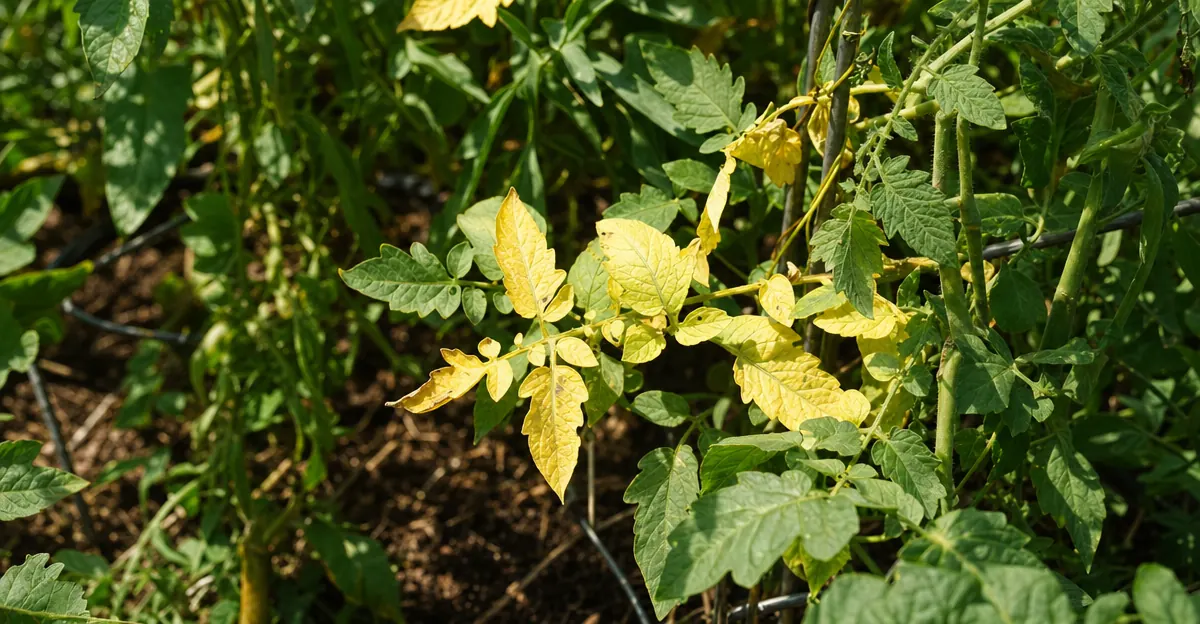 Vergelende tomatenbladeren met symptomen van voedingstekort in natuurlijk licht