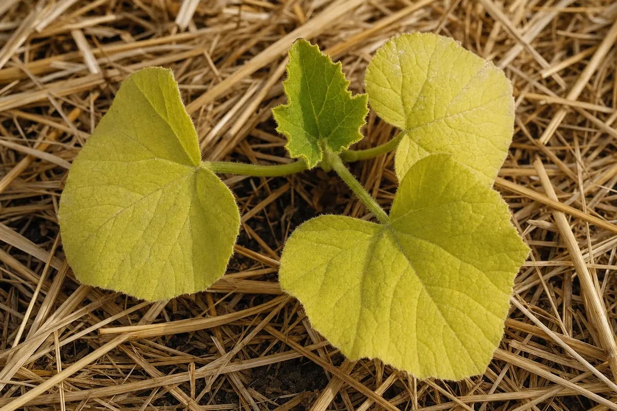Vergelende oudere pompoenbladeren met symptomen van voedingstekort naast nieuwe groene groei