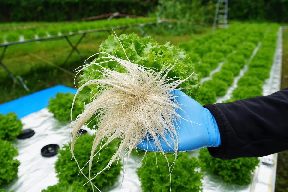 Vers geoogste hydroponische slawortels die worden geinspecteerd op wortelzonegezondheid