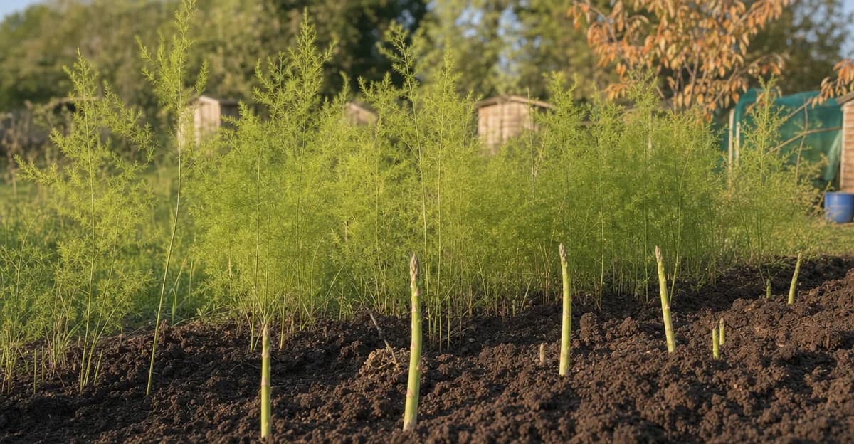 Um jardineiro colocando coroas de aspargo pálidas, semelhantes a polvos, com os botões para cima em uma vala rasa de solo escuro e solto no início da primavera