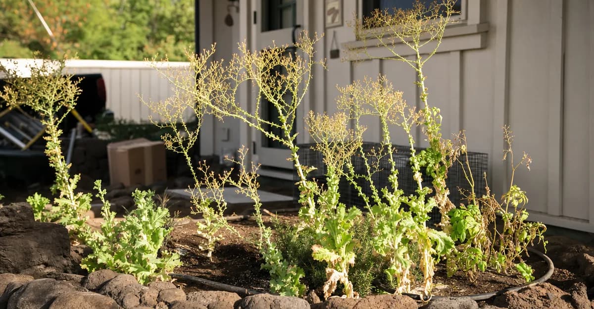 Uma planta de alface apanhada a meio do espigamento: uma roseta foliar compacta à esquerda que se alonga numa haste floral alta e coroada de flores à direita, sob um sol escaldante