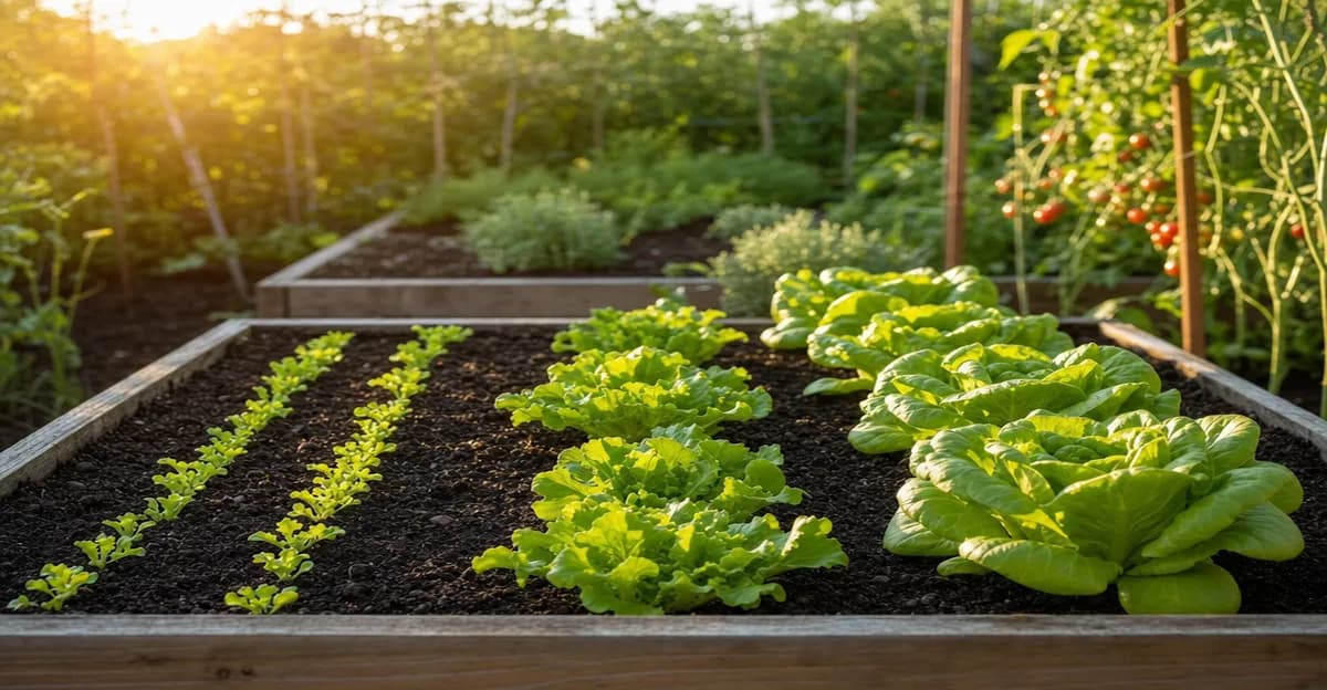 A vegetable garden bed showing lettuces at three different growth stages side by side — seedlings, half-grown, and ready to harvest — demonstrating the staggered planting principle