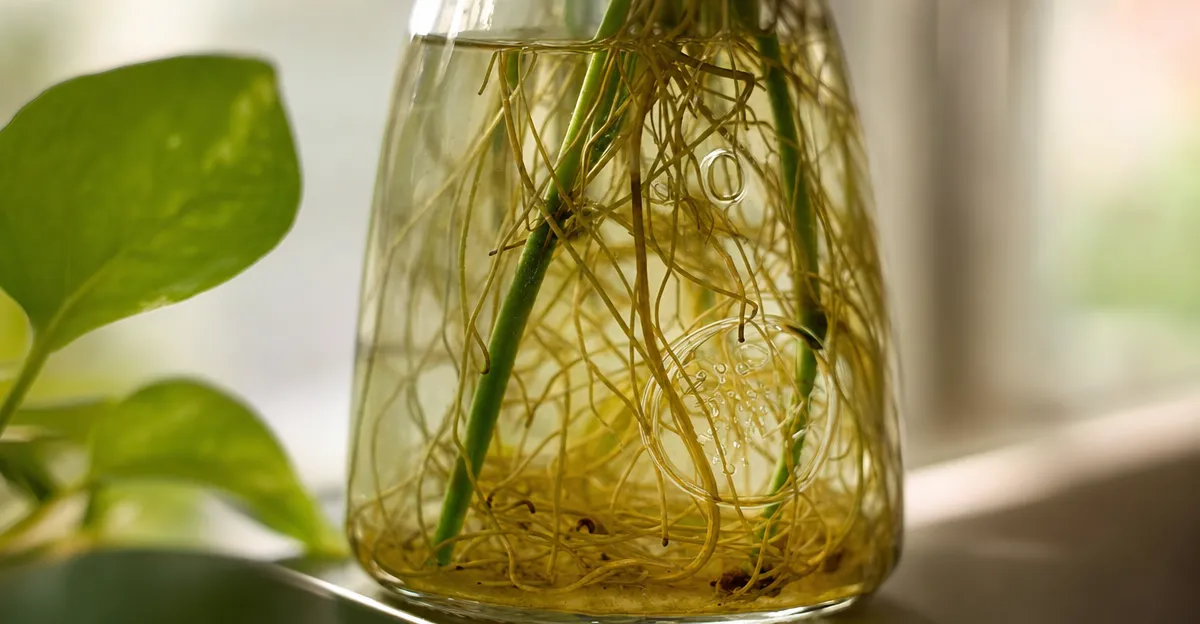 Corte transversal de un depósito Kratky que muestra una cesta de red en la parte superior, un nivel de solución descendido, raíces de oxígeno que respiran aire en la cámara húmeda y raíces de agua debajo