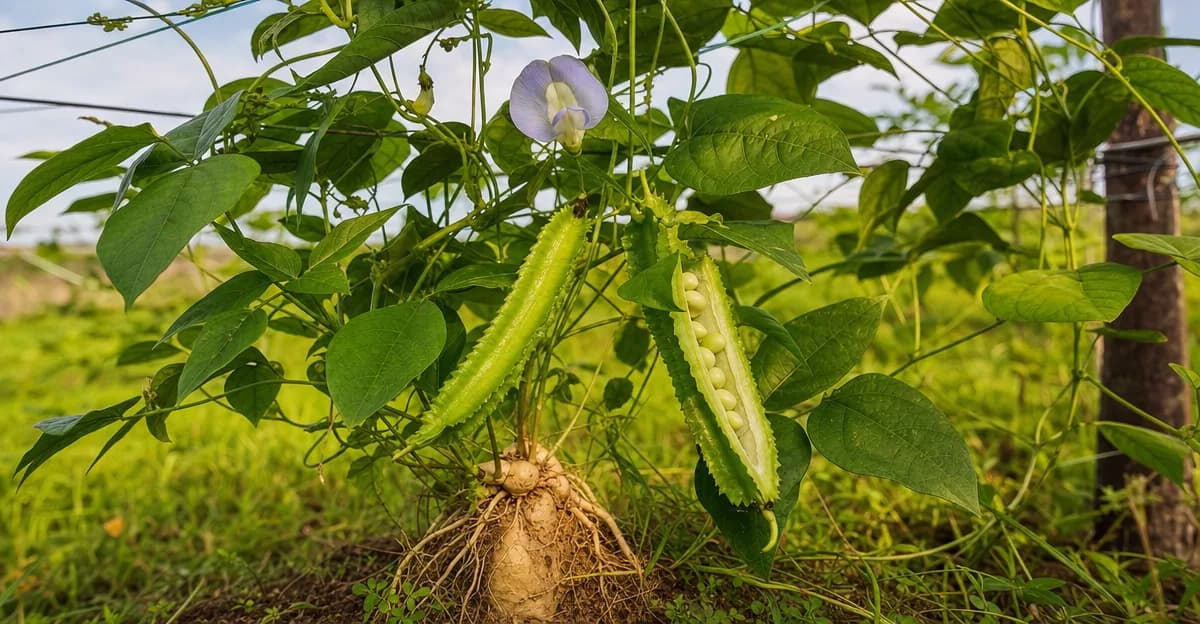 Una planta de guisante alado (Psophocarpus tetragonolobus) que muestra sus partes comestibles: una flor de color azul pálido, hojas verdes anchas, una vaina alada de cuatro aristas abierta que deja ver las semillas pálidas y una raíz tuberosa clara expuesta en la base de la enredadera, sobre un fondo de jardín suavemente desenfocado