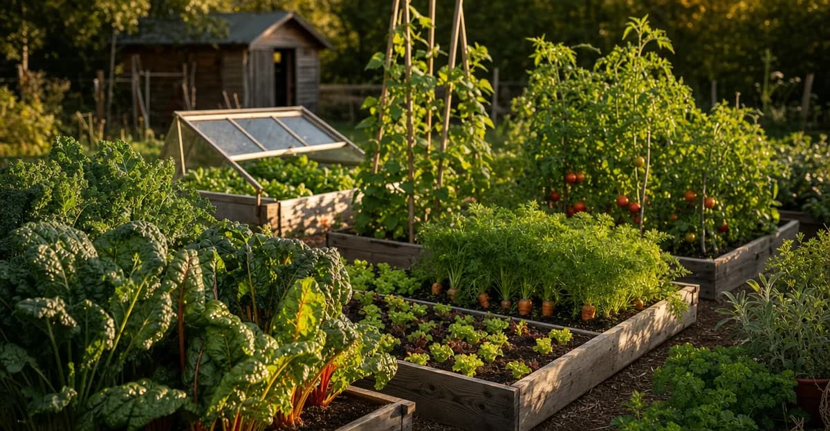 A lush kitchen garden in early spring with cold frames open, showing rows of overwintered kale, emerging lettuce seedlings, and a neat succession planting bed ready for the season ahead