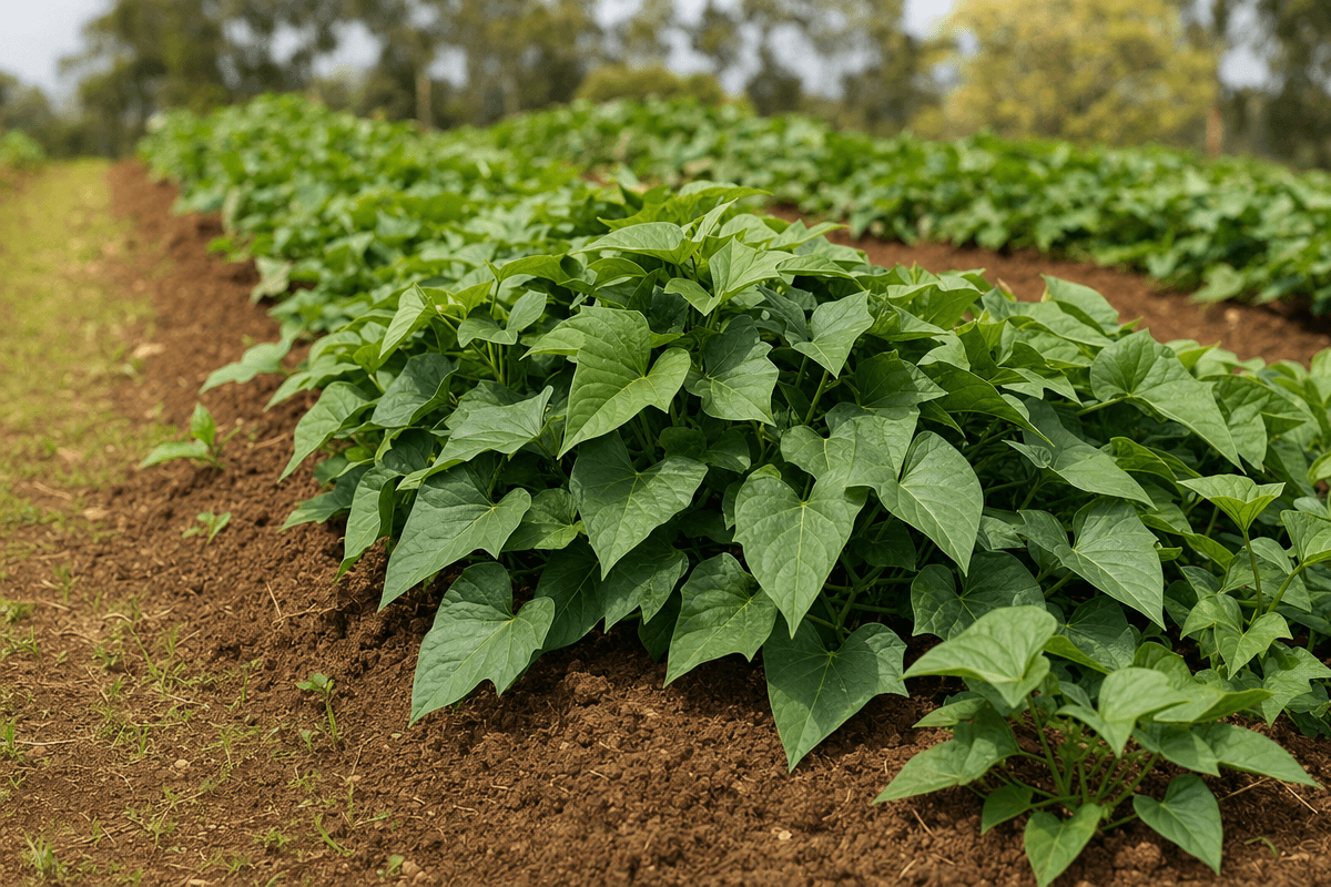 Harvested sweet potatoes (Ipomoea batatas) in soil