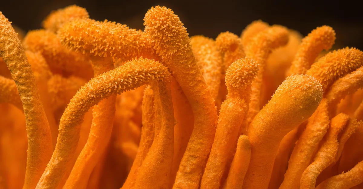 Gros plan macro d'une grappe dense de corps fructifères en forme de massue, orange vif, de Cordyceps militaris — le cordyceps cultivé — dont les pointes finement granuleuses captent une lumière chaude sur un fond sombre et doux