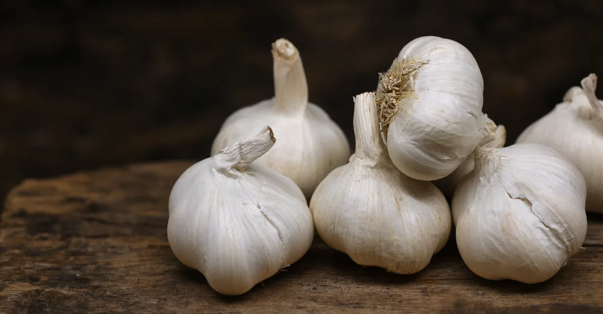 A hardneck garlic bulb with its rigid central stalk beside a softneck bulb with a flexible braidable neck, resting on dark autumn soil