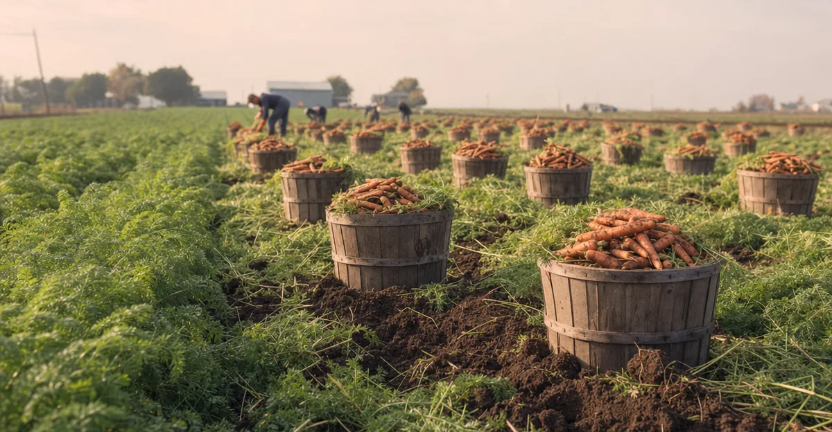 A hand pulling a cluster of freshly harvested orange carrots from dark, loose soil, with green feathery tops still attached