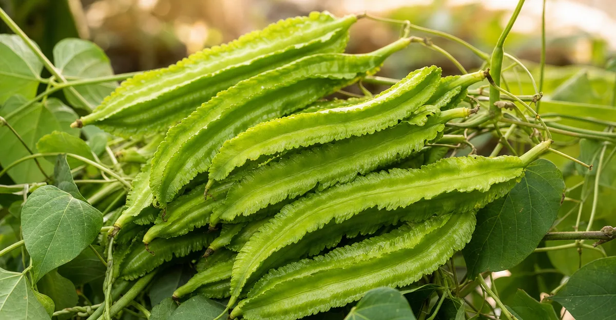 A cluster of bright green four-angled winged bean pods resting on the vine among broad green leaves, their ridged wings catching warm natural light