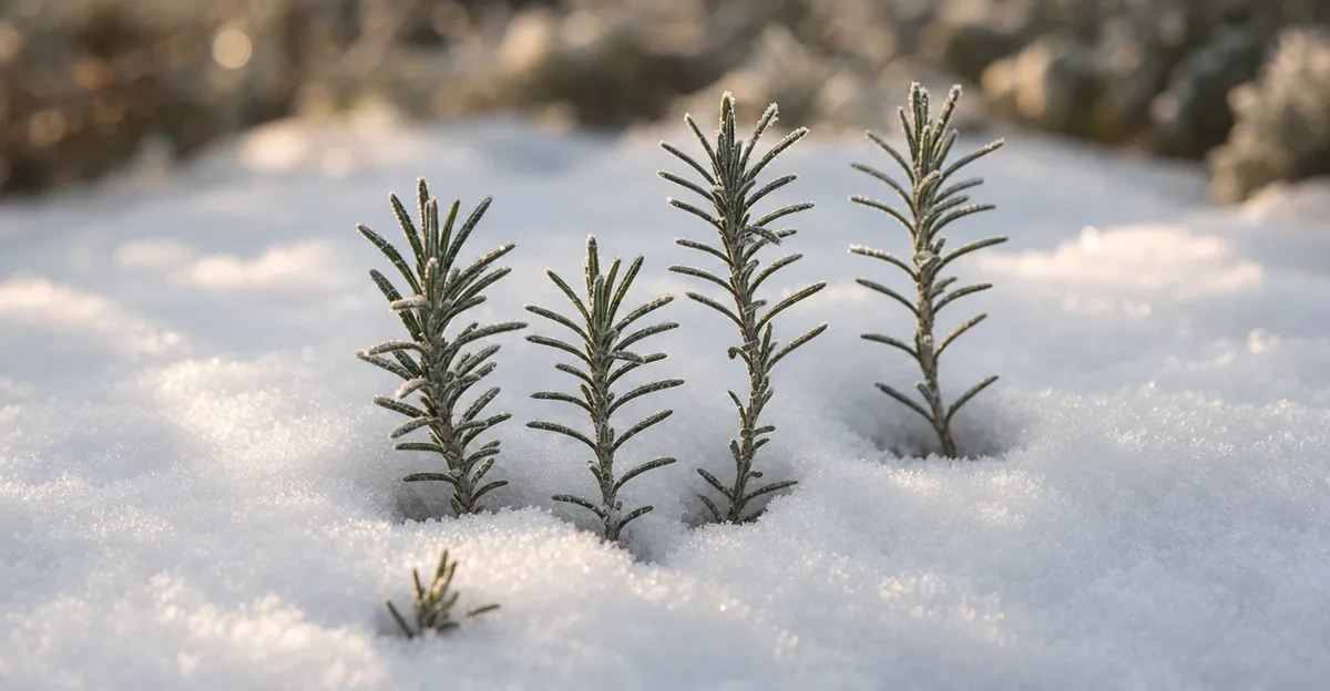 Un arbuste de romarin au feuillage persistant en forme d'aiguilles saupoudré de givre blanc et de gelée, éclairé par la lumière dorée et basse du matin sur un fond flou et doux de jardin hivernal