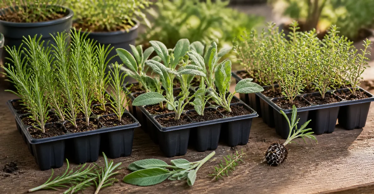 Rosemary, sage, and thyme stem cuttings prepared in labeled pots of airy growing medium under a loose clear cover